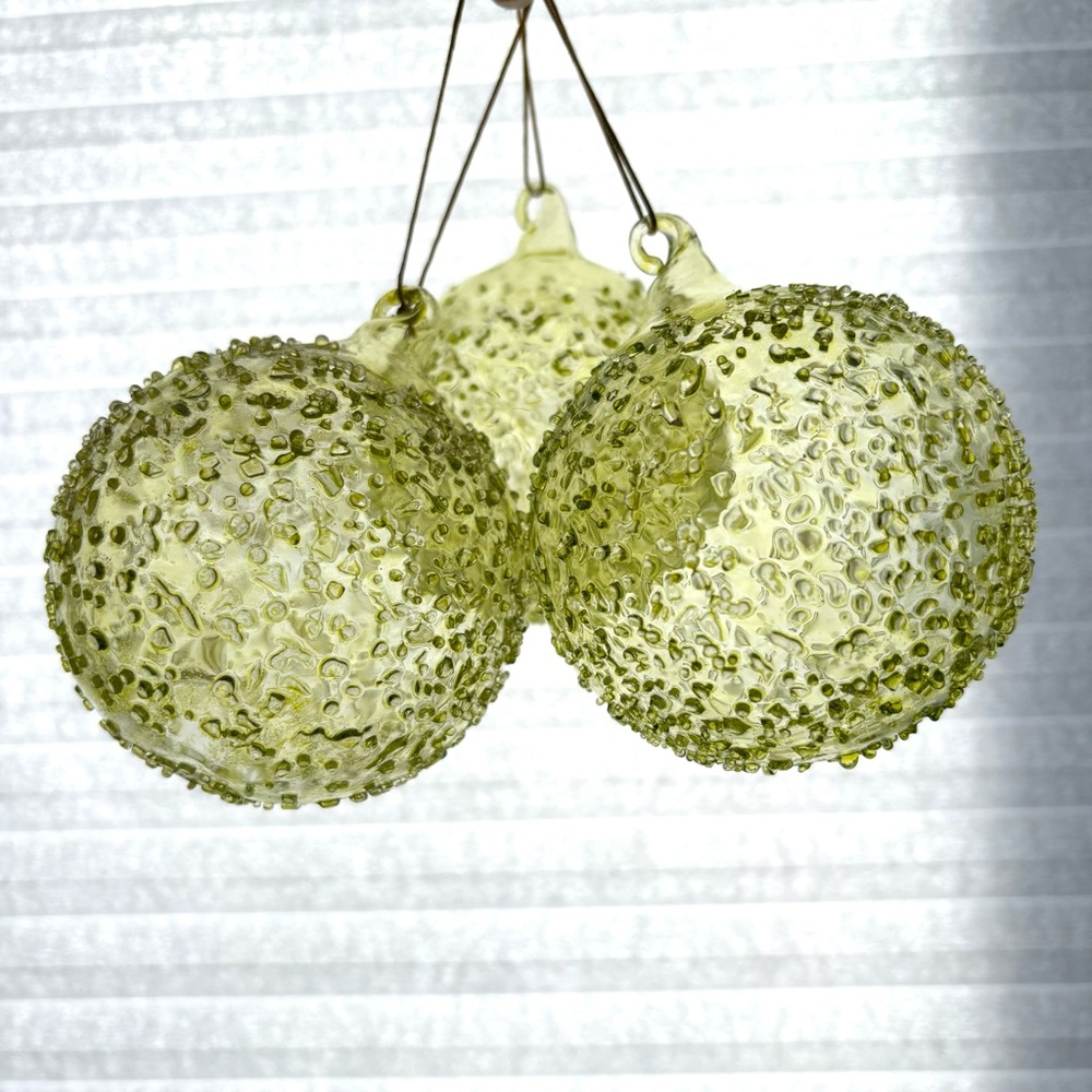 Textured Blown Green Glass Ornaments Lot of 3